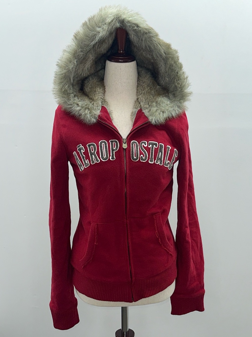 VINTAGE Aeropostale Hoodie Faux Fur Lined Women Red Lg Sweatshirt Full Zip Y2K